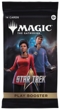 A Magic: The Gathering Star Trek play booster pack featuring Spock and Captain Picard on the front, with '14 Cards' and 'Play Booster' text visible.