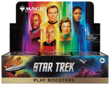 Magic: The Gathering Star Trek Play Boosters retail display box featuring character portraits and space-themed artwork on a white background.