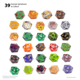 Collection of oversized polyhedral dice with various colors and designs on a white background.