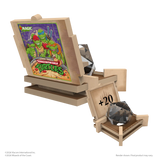 Wooden card holder with a Magic: The Gathering card featuring Teenage Mutant Ninja Turtles on a white background.