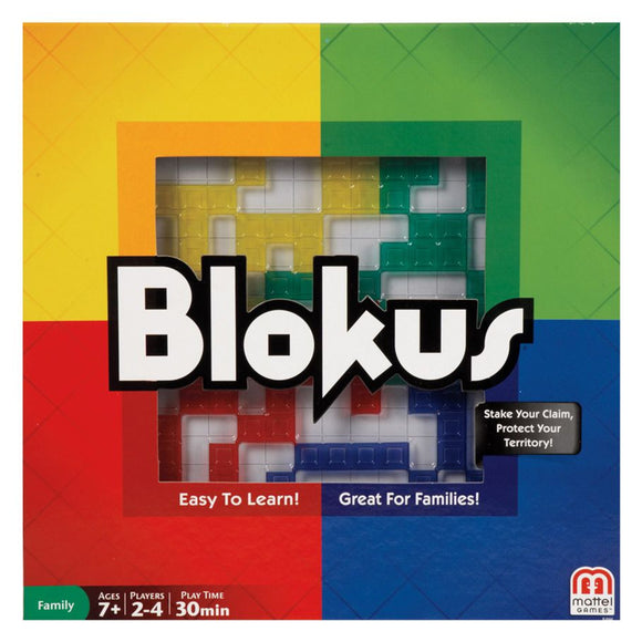 Blokus board game box with colorful design and Mattel Games logo