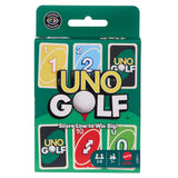 UNO Golf card game packaging with colorful cards and branding on a green background