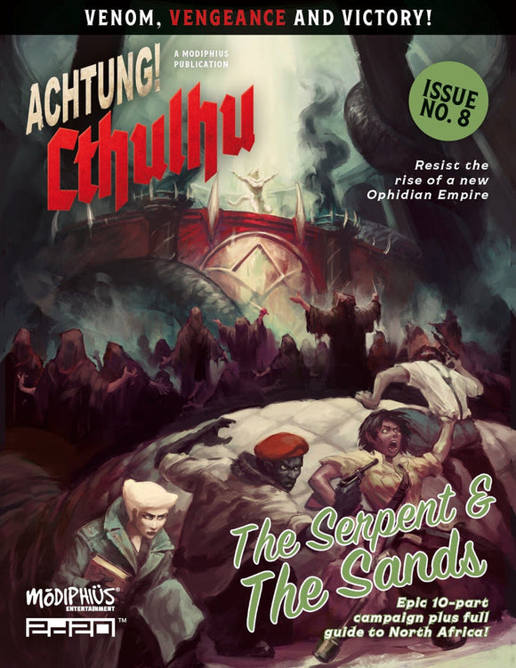 Cover of Achtung! Cthulhu Issue No. 8 featuring a dark fantasy scene with text about a new Ophidian Empire.