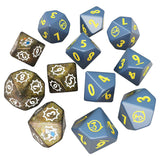 Set of polyhedral dice with blue and brown colors on a white background