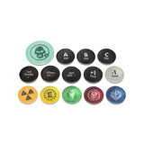 Set of round game tokens with various symbols on a white background