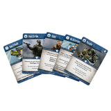 Set of trading cards with character illustrations and text on a white background