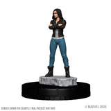 Statue of a character in a black leather jacket and blue jeans on a white background with Marvel branding.