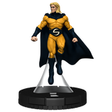 Superhero figure with yellow costume and black cape on a white background