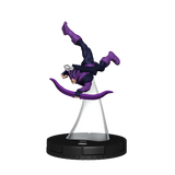 Superhero figurine in purple and black costume on a white background