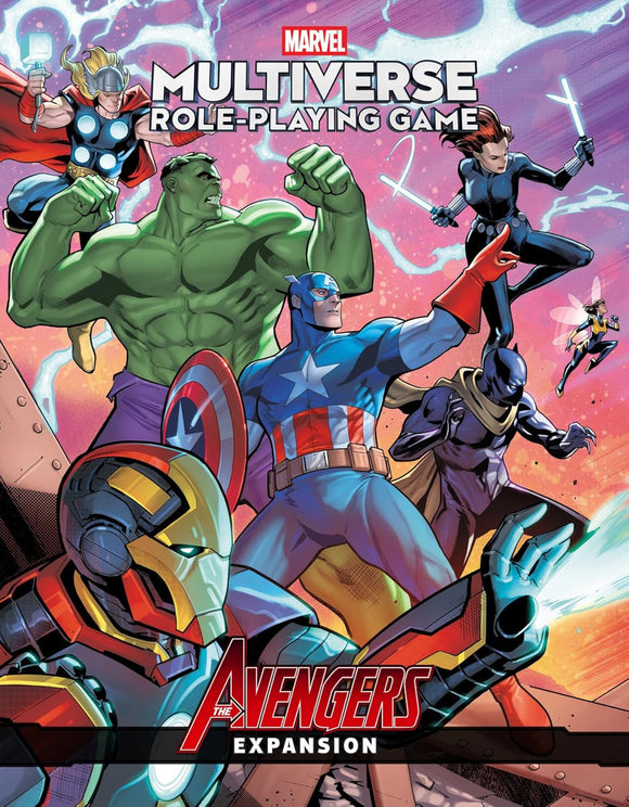 Marvel Multiverse Role-Playing Game Avengers expansion cover with superhero characters.