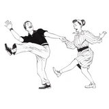 Black and white line art illustration of a man and a woman dancing dynamically against a plain white background.