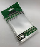 Pack of clear card sleeves with green and white packaging on a gray background