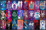 Collection of colorful tarot cards with various symbols and designs.