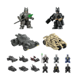 A collection of Batman-themed toy figures and vehicles arranged on a plain white background, including armored Batman figures, a dark gray Bat-blast vehicle, a tan Bat-blast vehicle, and several smaller Batman and vehicle mini-figures.