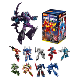 Transformers Galaxy Version 11 toy set on a white background, featuring a large purple and blue robot figure, the retail box, and eight smaller multicolored robot figures arranged below.