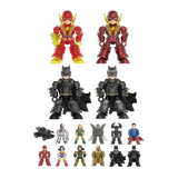 A set of DC Comics building block toy figures arranged on a plain white background, including The Flash, Batman, Cyborg, Green Lantern, Martian Manhunter, Starman, and Superman, with smaller figures along the bottom.