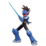 A stylized blue and black action figure or collectible character posed dynamically with a glowing blue sword against a plain white background.