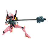 A pink and gray mecha action figure posed dynamically with a long gun accessory, set against a plain white background.