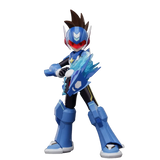 A blue and black action figure of a futuristic robot character with a red visor and brown hair, holding a translucent blue sword, isolated on a white background.