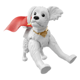 White dog figurine with a red cape and gold collar on a white background