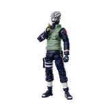 A Naruto anime action figure of Kakashi Hatake, standing in a pose with his hand near his face, wearing his signature green vest, dark blue pants, and headband, set against a plain white background.