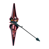A pink and black mecha figurine holding a long black rifle, isolated on a solid black background.