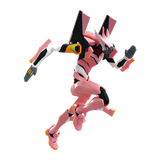 A pink, black, and white mecha figurine posed mid-run against a plain white background.