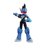 A blue and black action figure of a robotic character with a red visor, holding translucent blue and green accessories, shown on a plain white background.