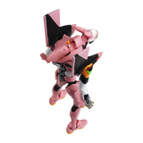 A pink and black mecha action figure with white, green, and orange accents, posed dynamically on a solid white background.