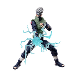 A Naruto anime action figure of Kakashi Hatake in a dynamic pose, generating a blue lightning effect. The figure is wearing his signature green and black ninja outfit with a headband, set against a plain white background.