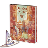 Book titled 'Dragon Stew' with a colorful cover featuring people around a table, next to a cartoon witch hat.
