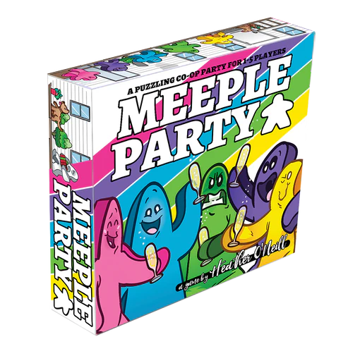 Board game box for 'Meeple Party' with colorful characters on a white background