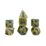 Set of six dice with black symbols on a white background