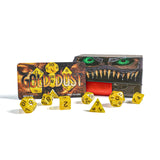 Yellow dice set with 'Gold Dust' packaging on a white background