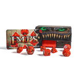 Set of red dice with a decorative box and card in the background