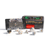 Dice set with moth wings themed color with mimic packaging on a white background