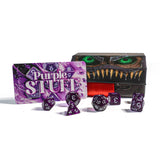 Purple dice set with a box labeled 'Purple Stuff' on a white background