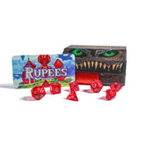 Red dice with 'Rupees' branding and a box labeled 'Rupees' on a white background