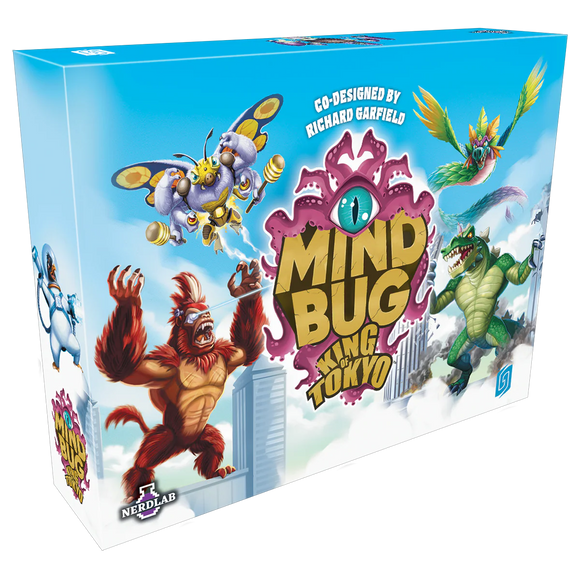 Board game box for 'Mind Bug King of Tokyo' with colorful characters on a blue background