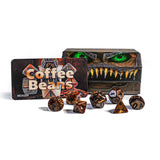 Set of dice with a 'Coffee Beans' card and decorative box on a white background