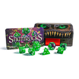 Green dice set with 'Shamrock S' packaging on a white background