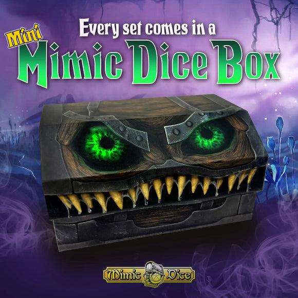 Mimic dice box with glowing green eyes on a purple background, featuring text about Mimic Dice sets.