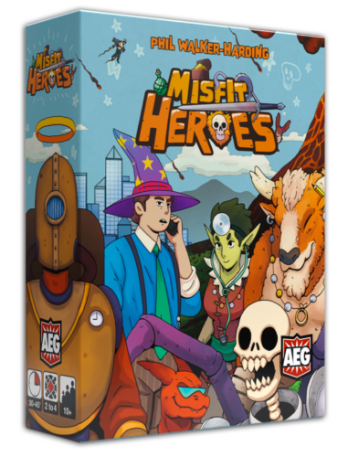 Box of 'Misfit Heroes' board game with colorful characters and AEG logo.