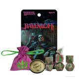 Dungeons & Dragons Ravenloft gaming set with dice, coin, and pouch on a white background