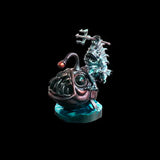 Decorative figurine of a seahorse on a spherical base with a dark background