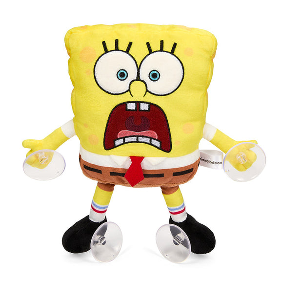 Plush toy of a cartoon character with a surprised expression on a white background