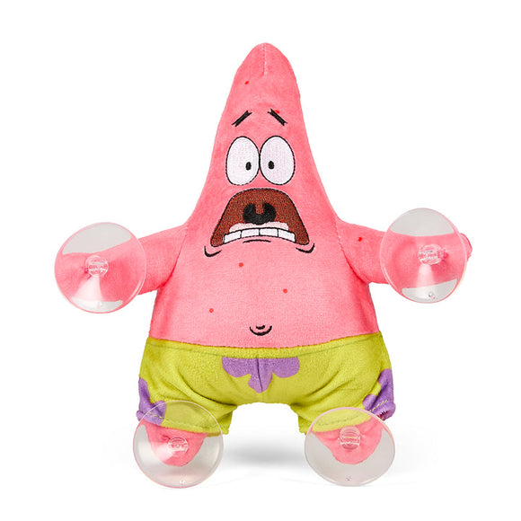 Plush toy of a pink starfish character with a surprised expression on a white background