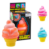 Nee Doh Nice Cream Cone toy set showing a large swirled pink and orange cone in the foreground, a smaller orange-to-yellow cone inside the black retail box, and two smaller cones in pink and blue on the right against a clean white background.