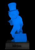 Blue silhouette of a character with a top hat and suitcase on a black background, featuring 'The Haunted Mansion' logo.