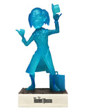 Blue skeleton figurine with a hat on a white background, featuring the Haunted Mansion logo.